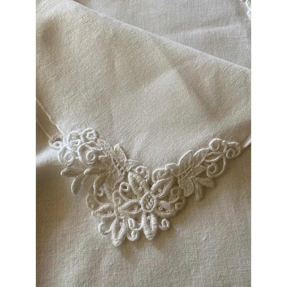 White Vintage Linen Tablecloth Topper Lace Corners